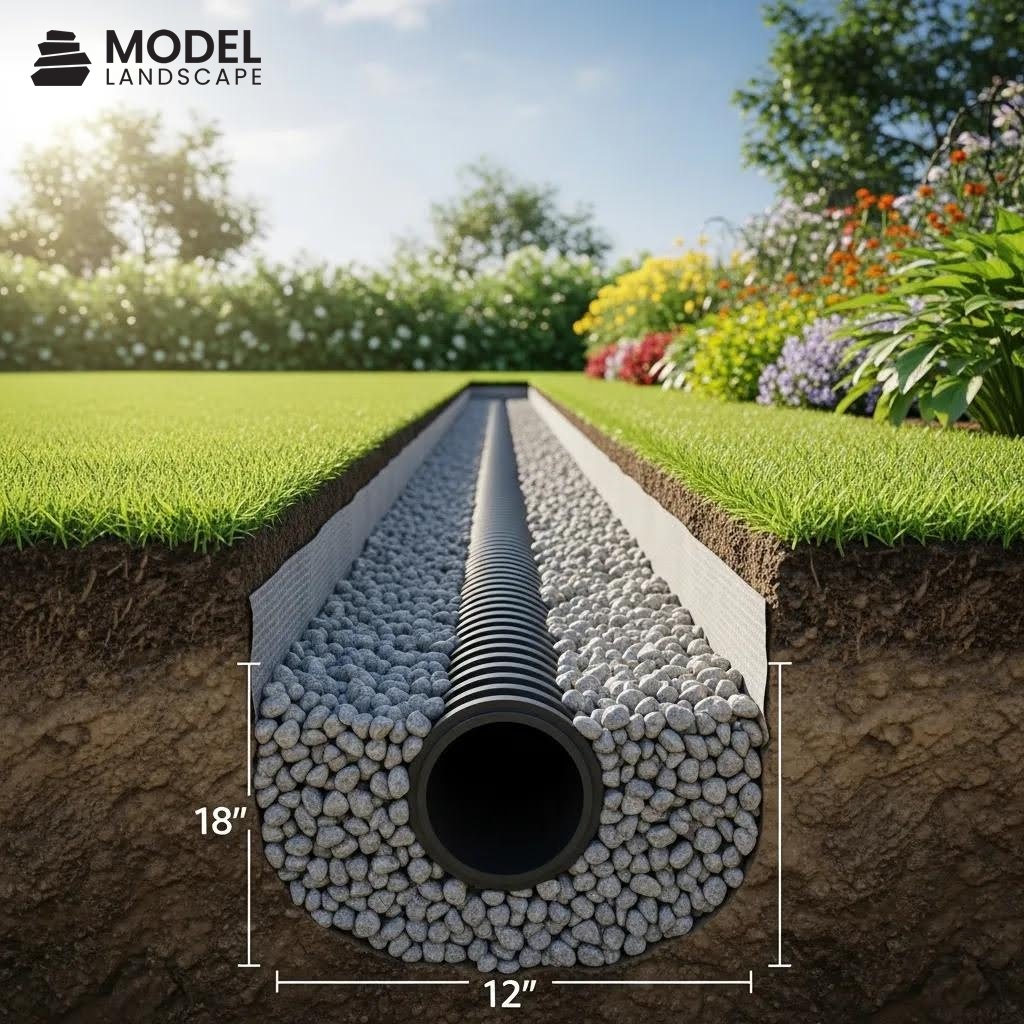 Cross-section of a lawn showing a French drain with a gravel-filled pipe beneath the grass, with flowers and trees in the background.